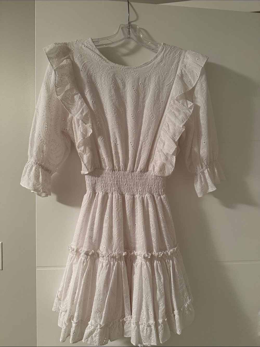 Misa Los Angeles White Eyelet Ruffle Smocked Mini Dress